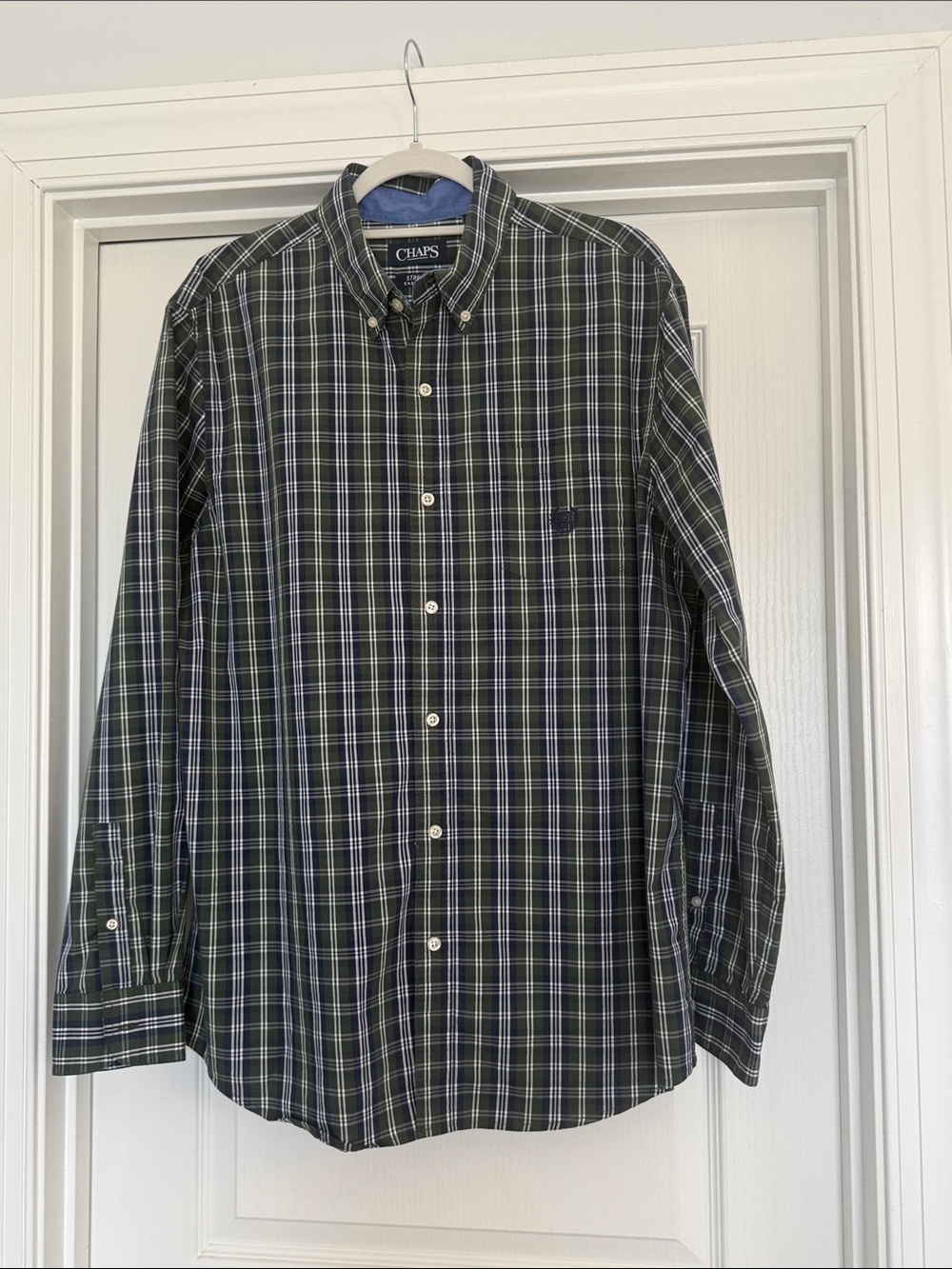 Chaps Mens Green and Blue Plaid Button-Down Shirt Size Large Stretch Easy Care